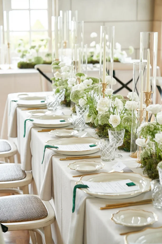 An elegant reception table set for a luxury wedding at Campbell Point House. The long table is adorned with white and green floral arrangements, clear glass candle holders, and gold-rimmed plates tied with green velvet ribbons. Gold cutlery and cut-glass drinkware add to the refined aesthetic. Natural light pours in through large windows overlooking the lush gardens, creating a serene and sophisticated atmosphere that reflects the grandeur of Campbell Point House.