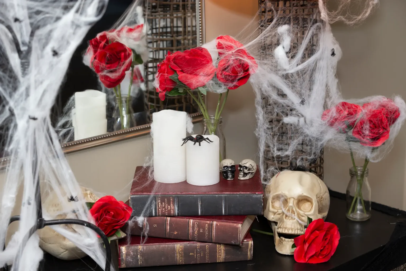A gothic romance decor display at the Kooyong Tennis Club Halloween Gala features stacked vintage books topped with pillar candles, miniature skulls, and a large skull holding a deep red rose, surrounded by glass vases of red roses and draped in thick spiderwebs with scattered black spiders, while a mirror reflection enhances the eerie, elegant atmosphere, capturing the sophisticated and haunting mood of this luxury end-of-year ball in Melbourne.